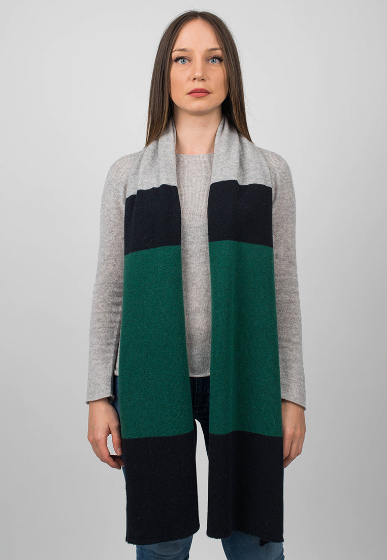 Écharpe femme tricolore 100 % cachemire, coloris Bleu-Vert-Gris, vue 2 | Dalle Piane Cashmere