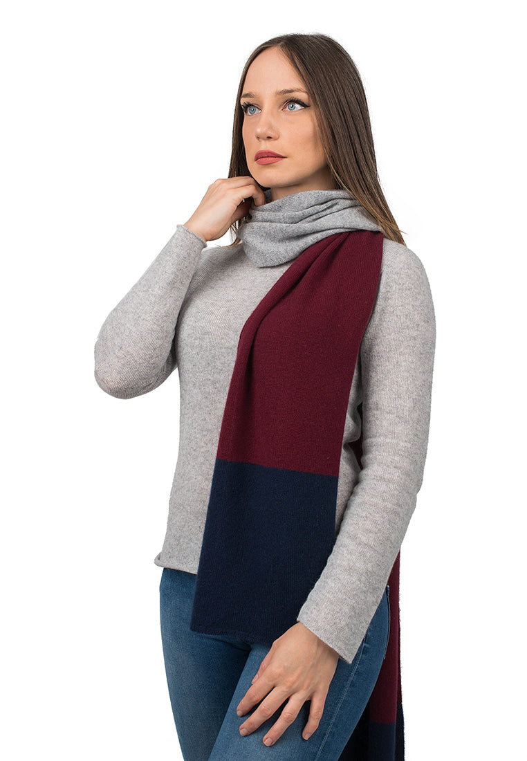 Écharpe femme tricolore 100 % cachemire, coloris Bleu-Bordeaux-Gris | Dalle Piane Cashmere