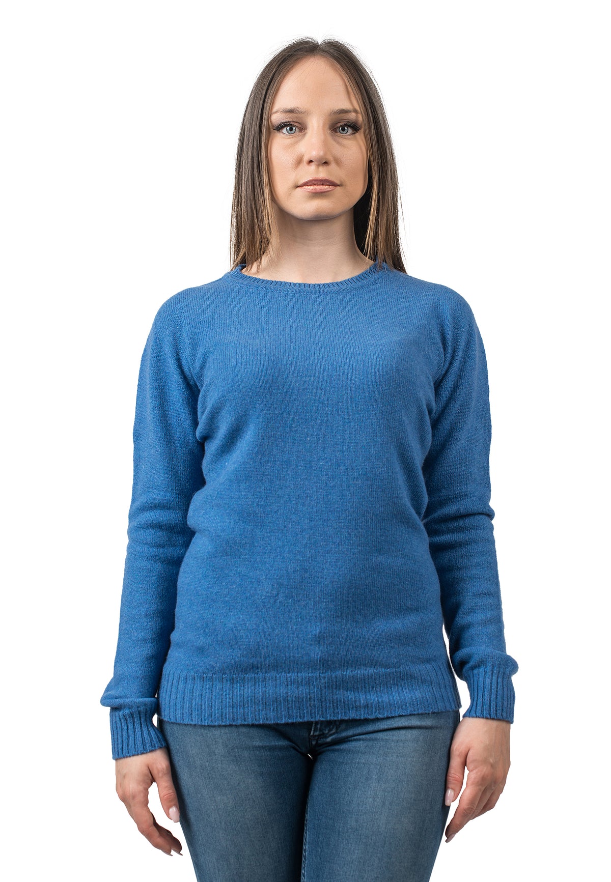 Pull col rond femme en cachemire régénéré, coloris Azur | Dalle Piane Cashmere