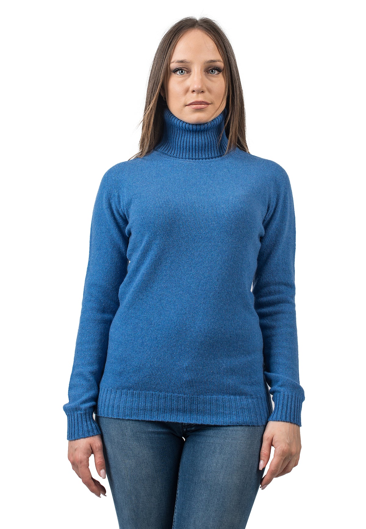 Pull col roulé femme en cachemire régénéré, coloris Azur | Dalle Piane Cashmere