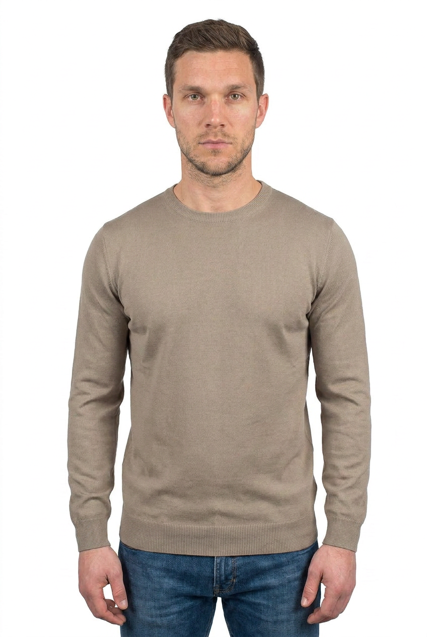 Pull col rond homme 100 % coton, coloris Taupe | Dalle Piane Cashmere