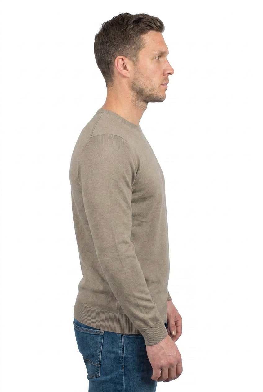 Pull col rond homme 100 % coton, coloris Taupe, vue 3 | Dalle Piane Cashmere