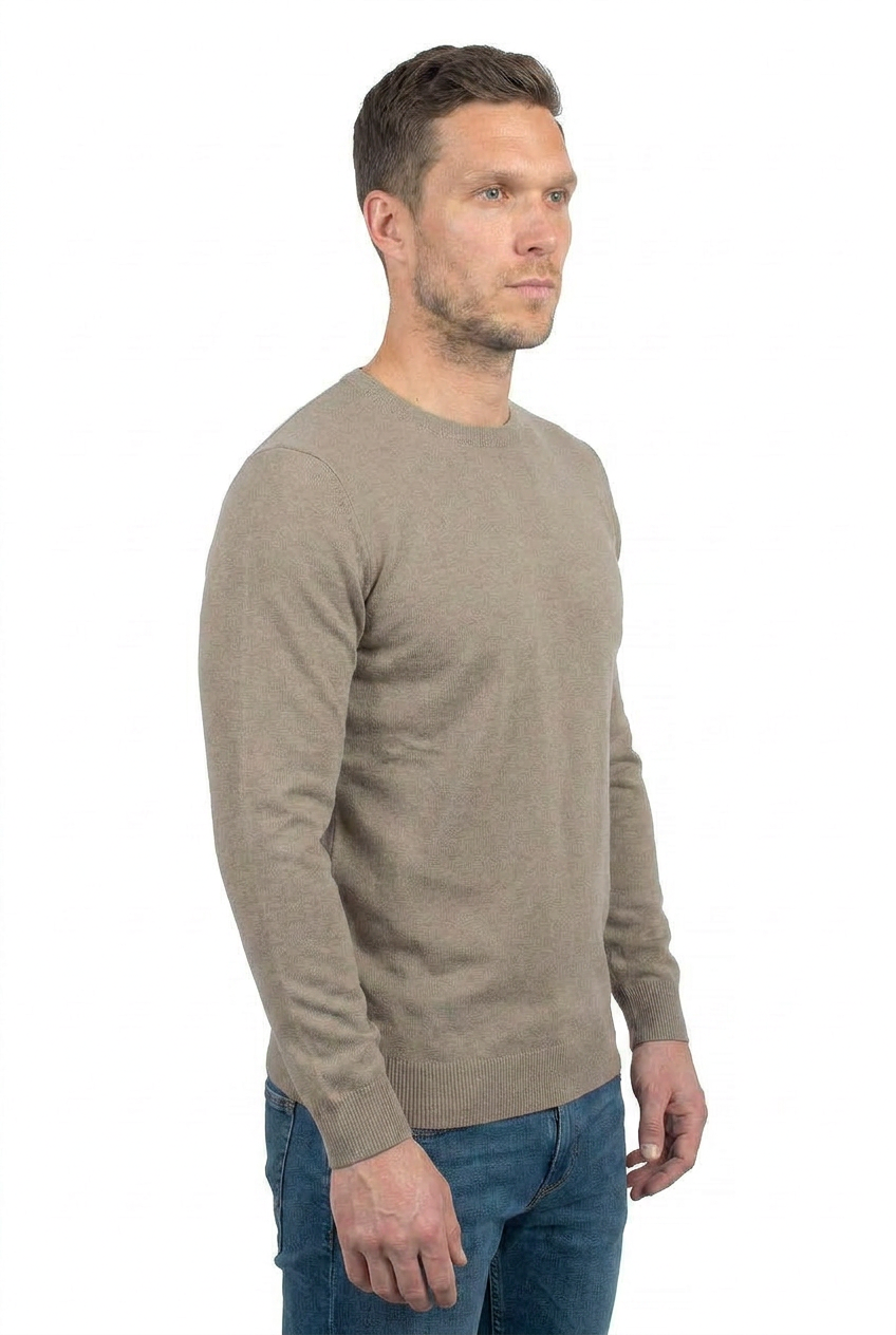 Pull col rond homme 100 % coton, coloris Taupe, vue 2 | Dalle Piane Cashmere