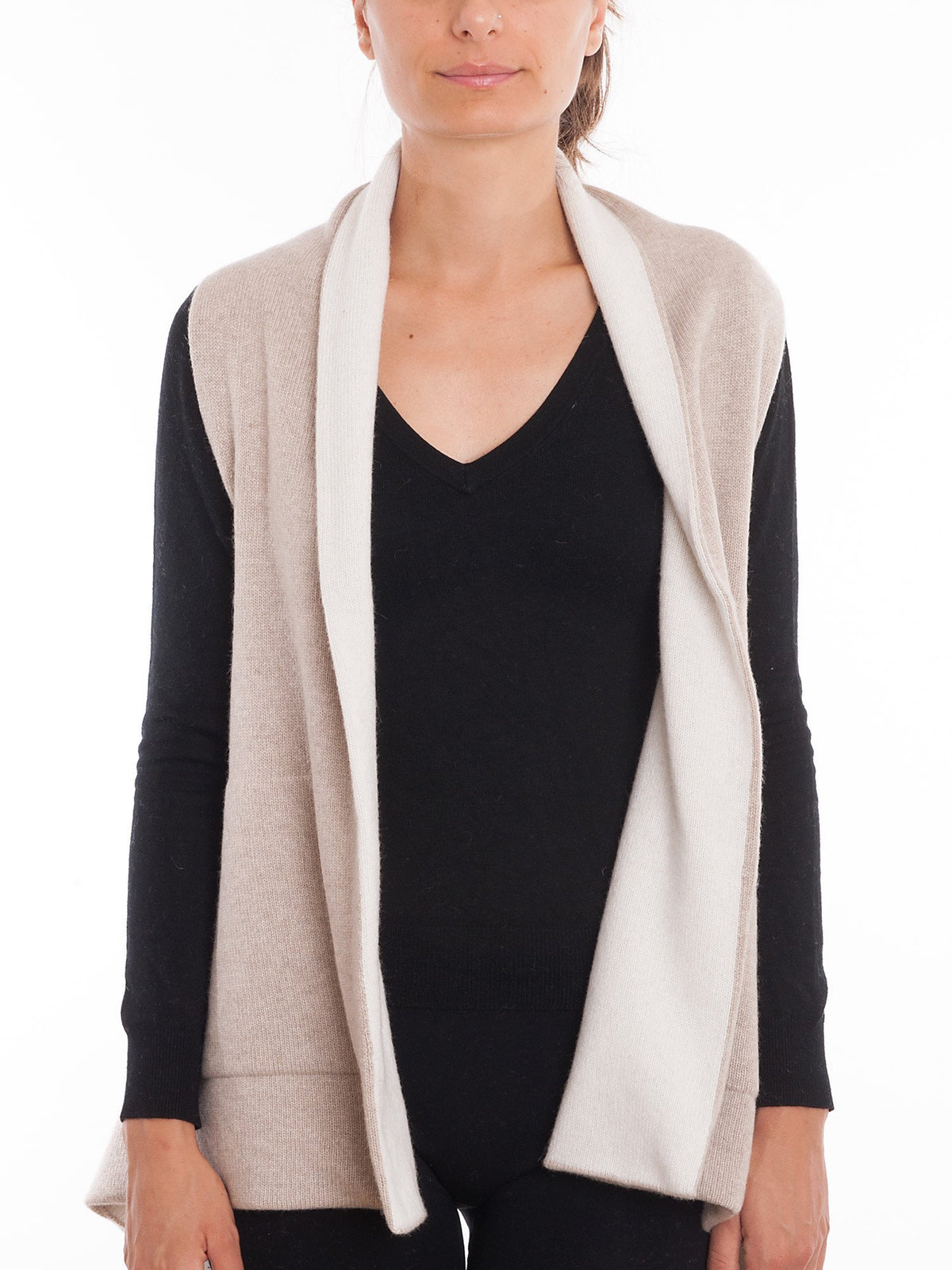 Cardigan smanicato bicolore misto cashmere, colore Beige Crema | Dalle Piane Cashmere