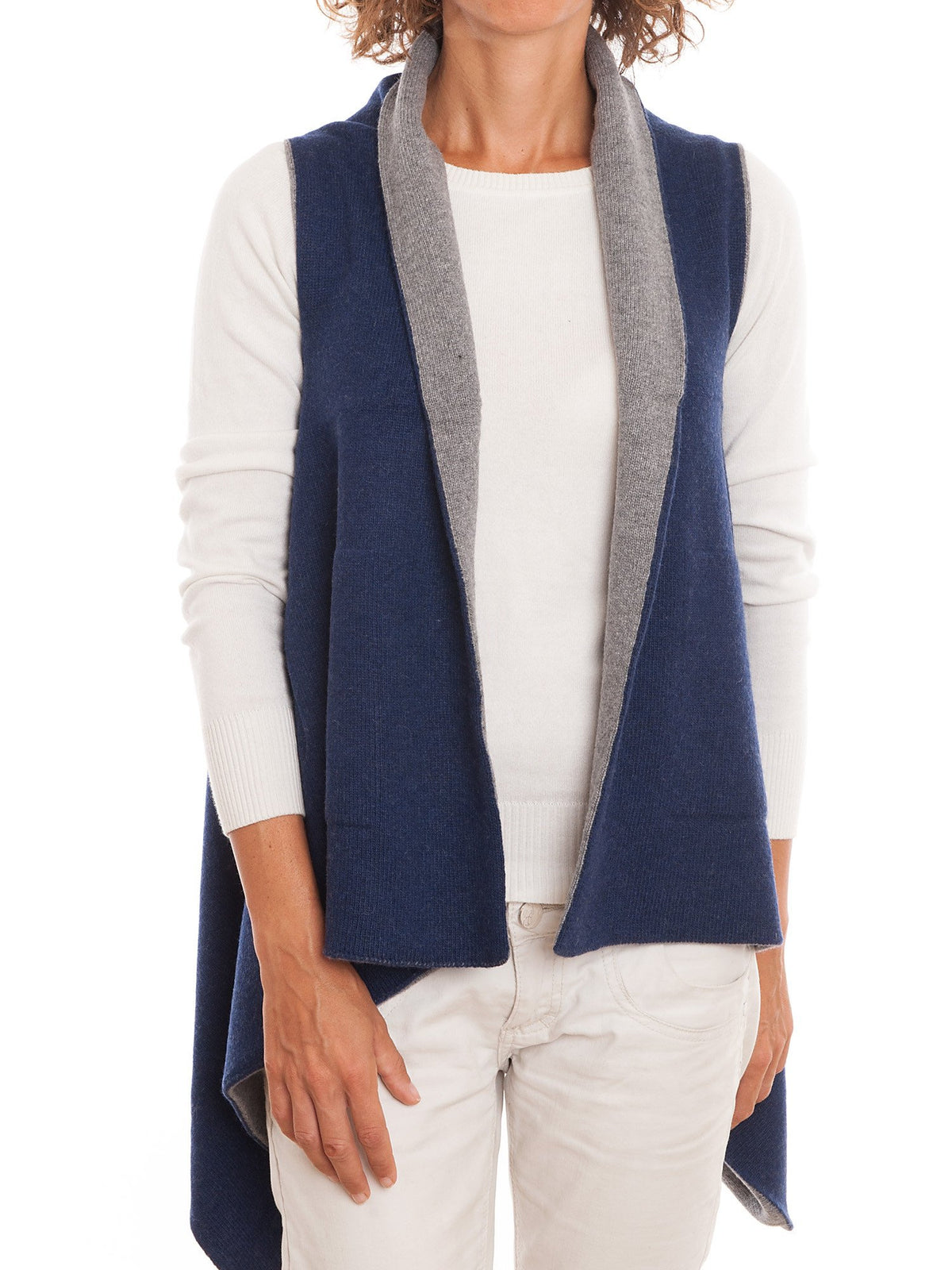 Gilet sans manches bicolore femme mélange cachemire, coloris Bleu-Gris | Dalle Piane Cashmere