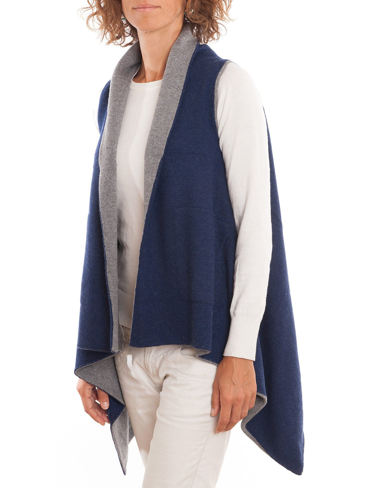 Gilet sans manches bicolore femme mélange cachemire, coloris Bleu-Gris, vue 3 | Dalle Piane Cashmere