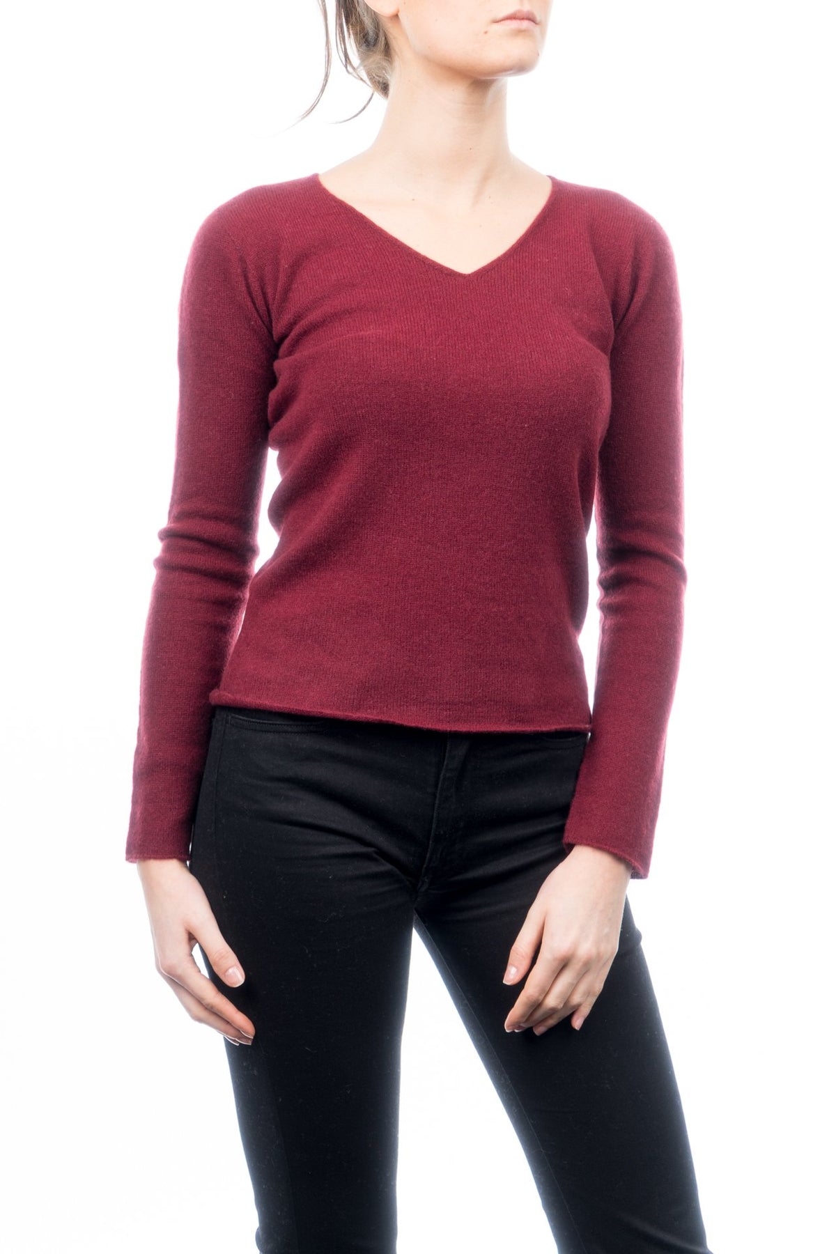 Pull col V femme 100 % cachemire, coloris Bordeaux, vue 2 | Dalle Piane Cashmere