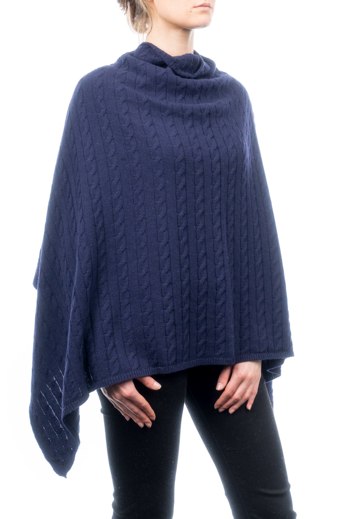 Poncho à torsades femme mélange cachemire, coloris Bleu | Dalle Piane Cashmere