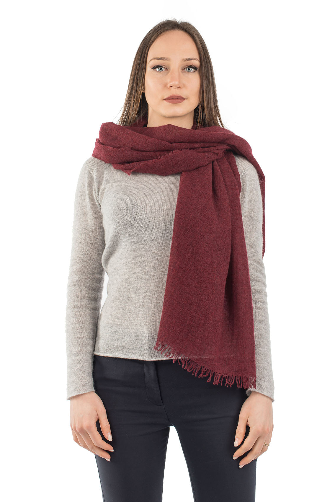 Pashmina femme 100 % cachemire, coloris Bordeaux, vue 3 | Dalle Piane Cashmere